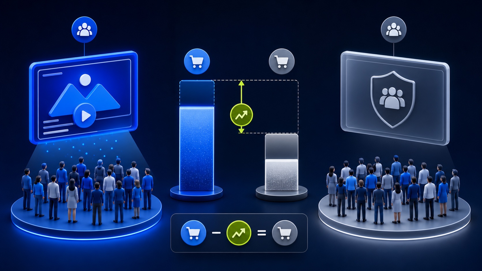 Matched exposed and control groups with conversion columns and a highlighted lift difference