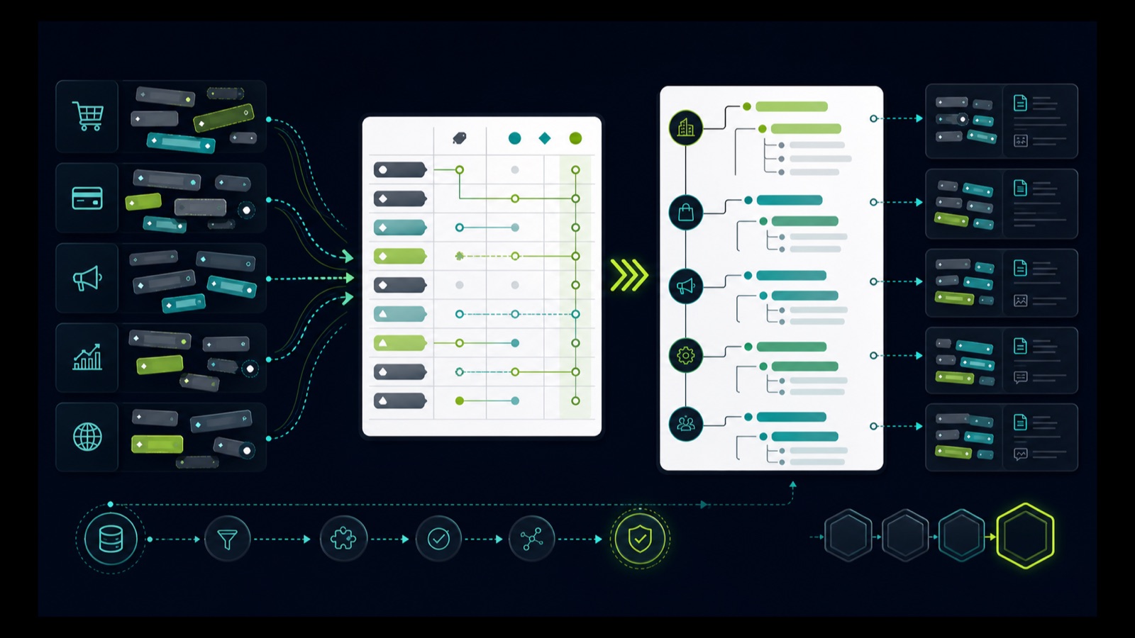 Messy source-category tokens flow through a crosswalk matrix into a campaign taxonomy while lineage remains attached
