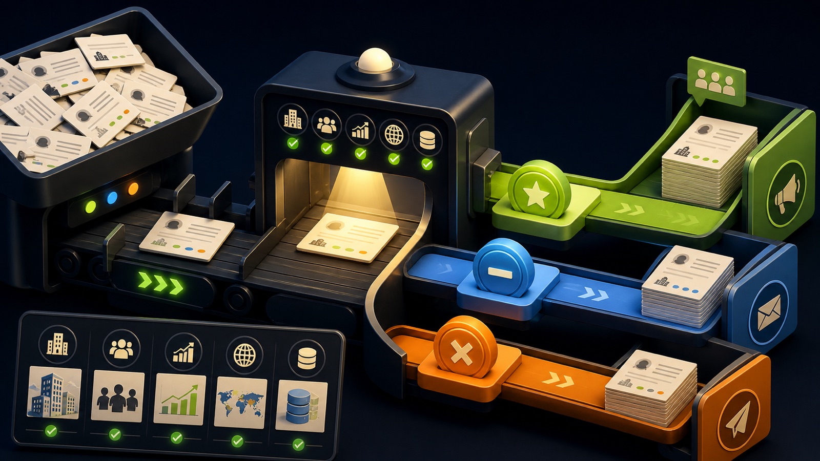 Business records pass through an evidence review station and enter high, medium, and low fit lanes