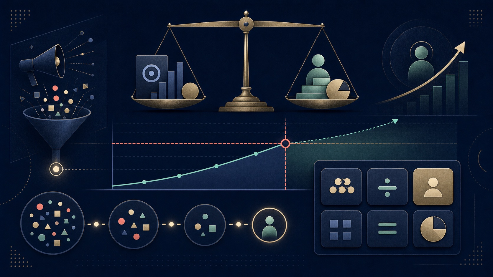 Balance scale, lead conversion steps, and a rising cost line meeting a break-even threshold