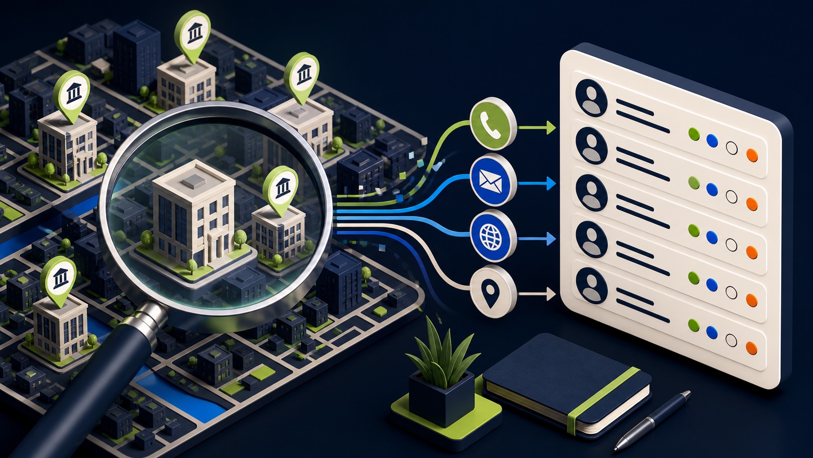 A search lens finds accounting offices on a city map and organizes their public contact routes into a list