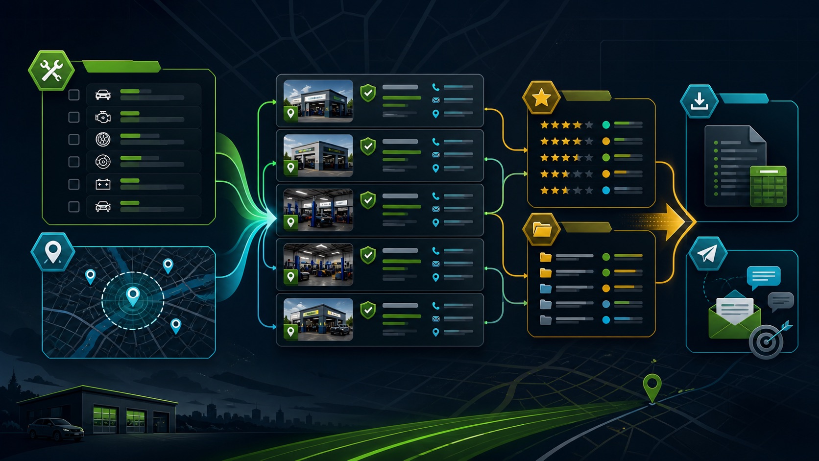 Auto repair shops on a city map move through business-type verification, contact review, status organization, and an export tray