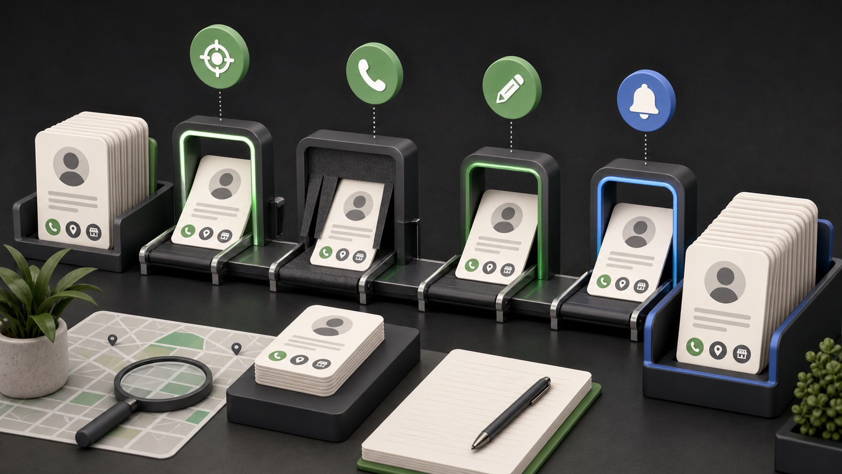 Reviewed business records move through a phone-ready queue with time, context, and outcome checkpoints