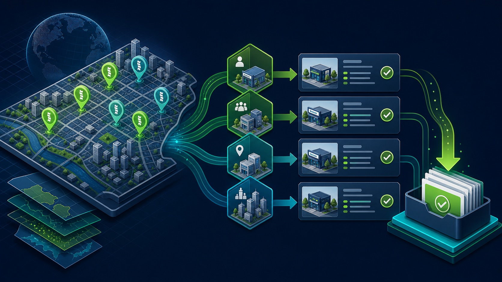 A city map with chiropractic practice markers flows through business verification, status organization, and an export tray