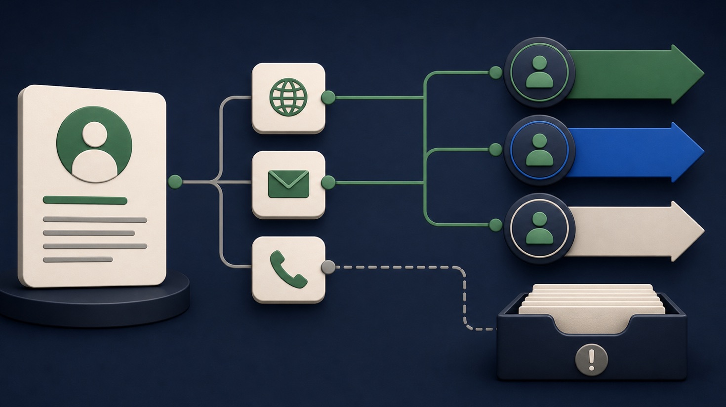 A business contact card with website, email, and phone symbols branching into three outreach paths while missing fields go to review