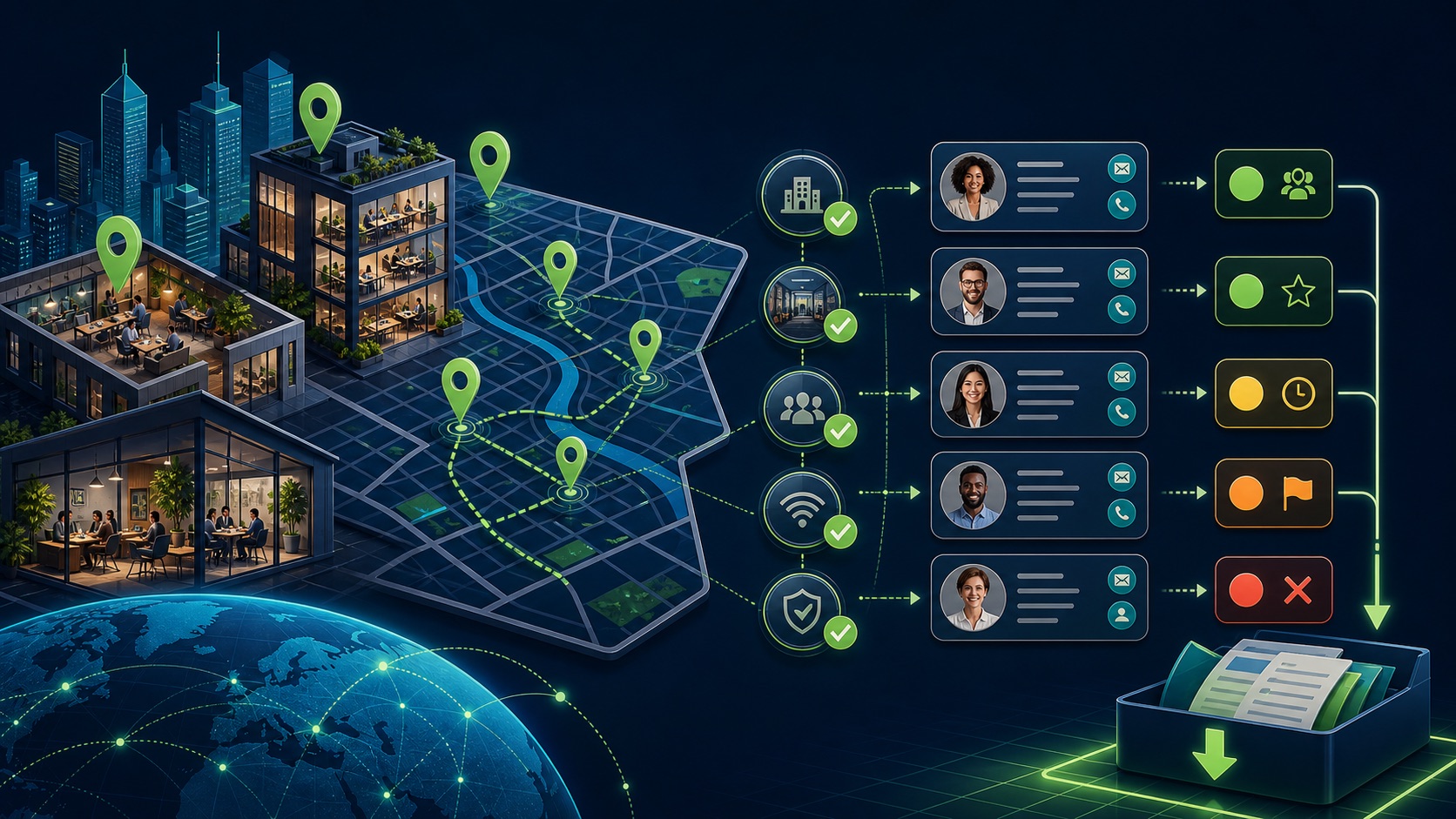 Shared office buildings on a city map move through location and operator checks into organized prospect statuses and an export tray