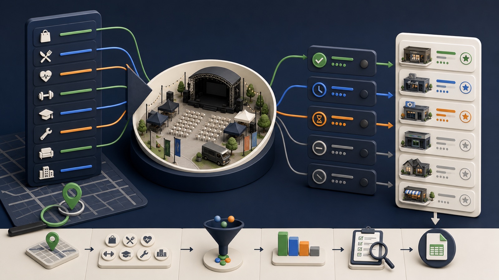 An event venue connects through category and location filters to ranked sponsor prospect cards