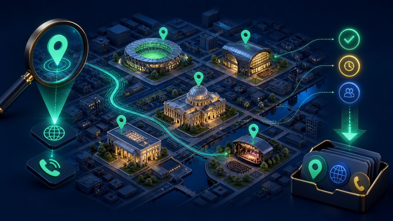 Event venue buildings on a city map connect to public contacts, status markers, and an export tray