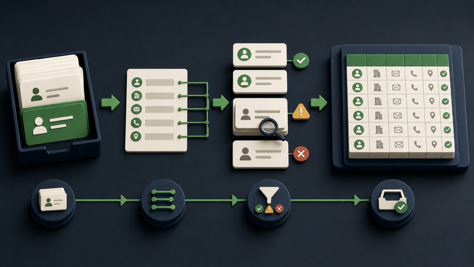 A business lead export moves through cleanup, field mapping, duplicate review, and a CRM import checkpoint