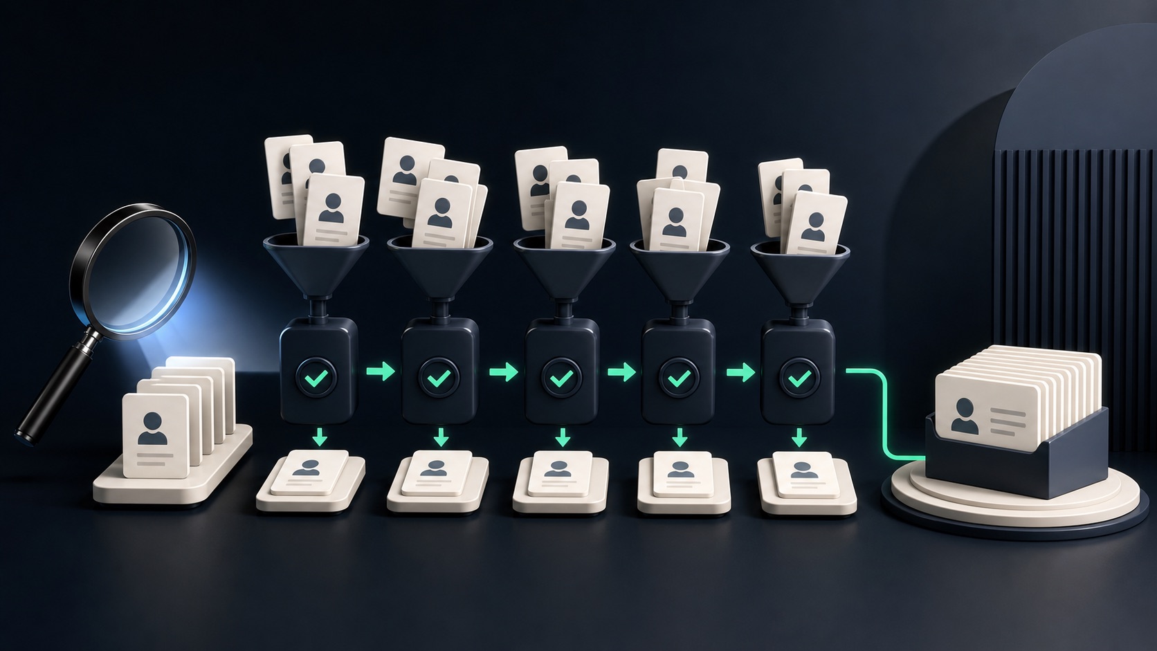 A search lens feeds five controlled batches of business cards through review gates into one clean contact list