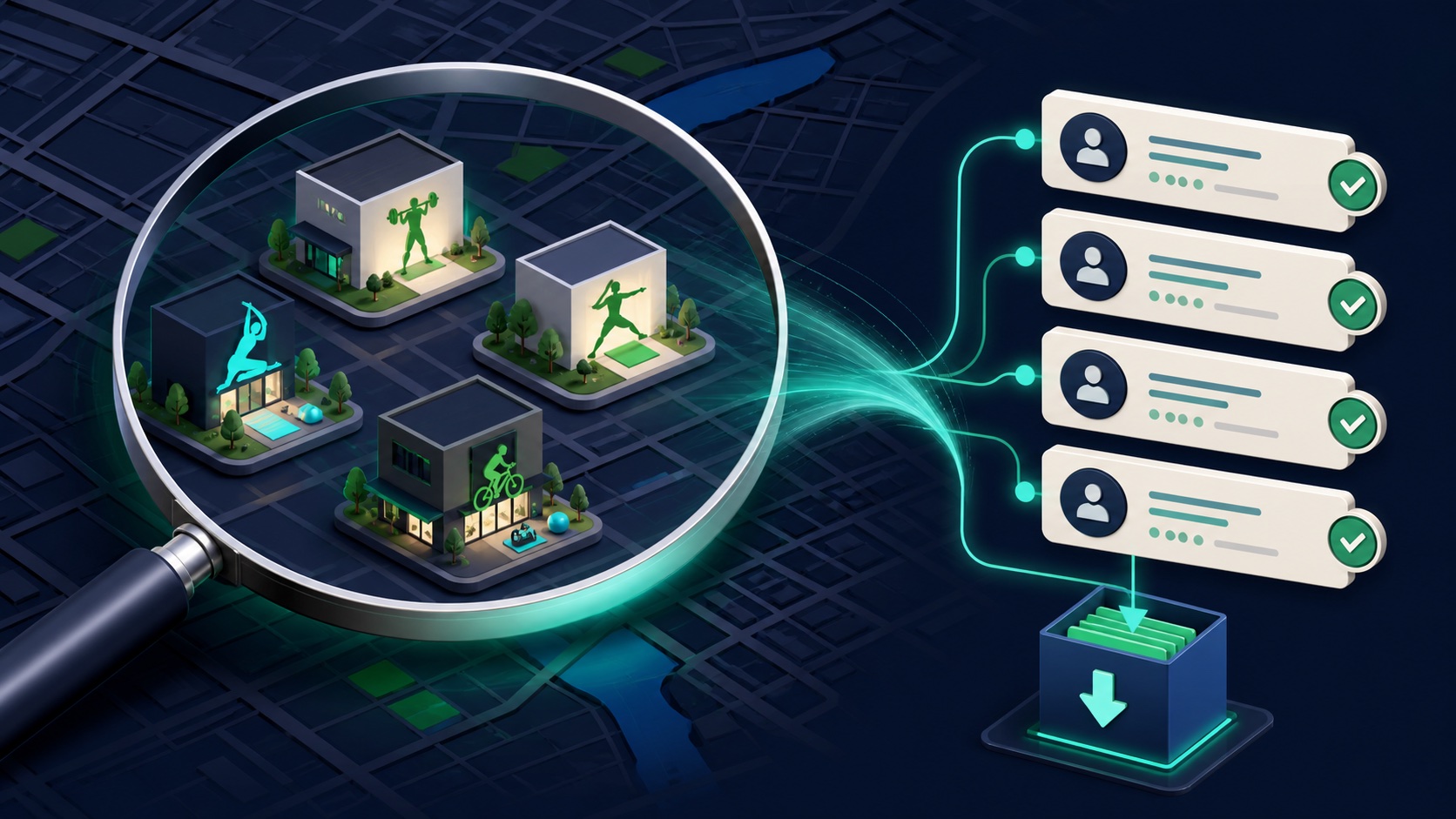 A mobile business lead workflow connects a fitness-studio category and city search to reviewed contacts, statuses, and an export file