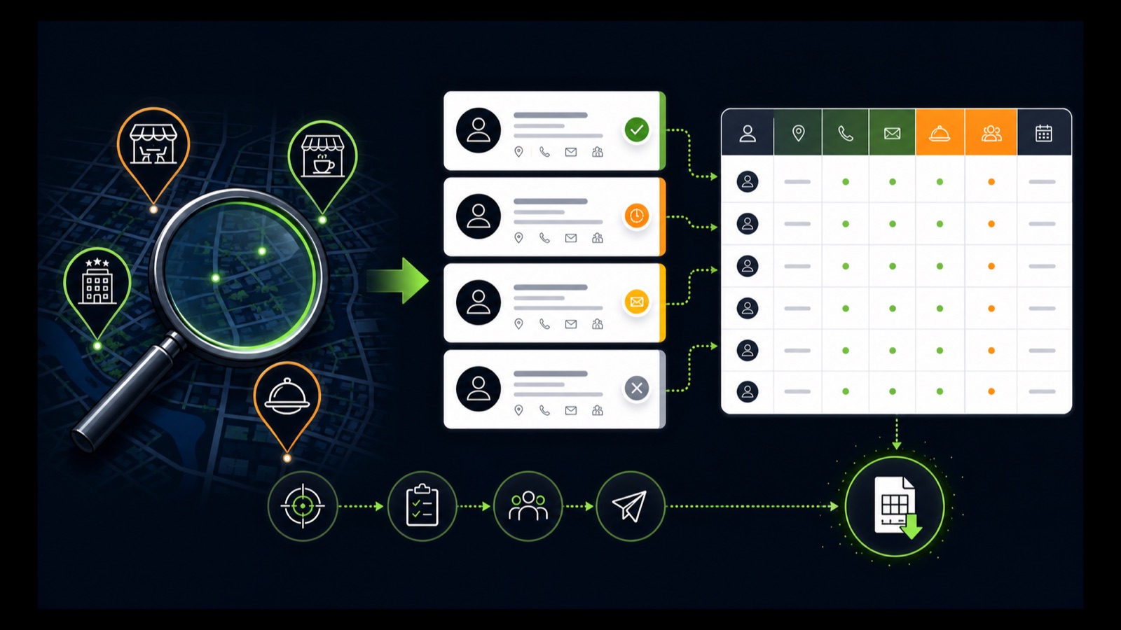 Food-service venue pins flow into reviewed public contact cards and a supplier campaign export