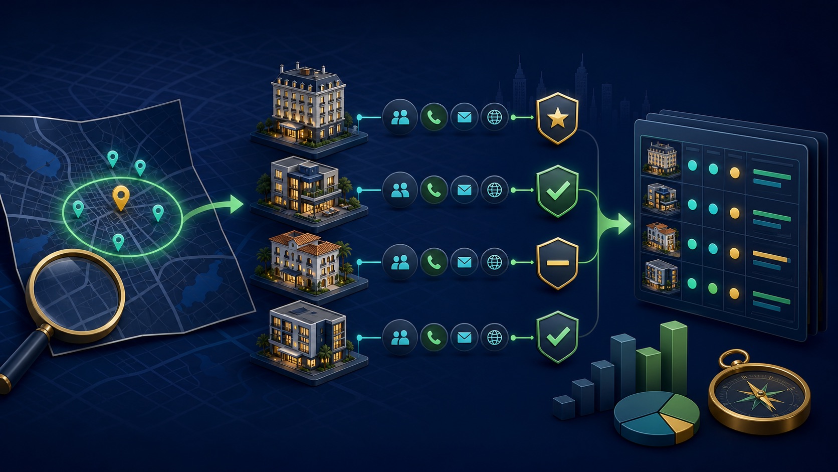 Independent hotel properties on a regional map flow through ownership review into contact cards and export