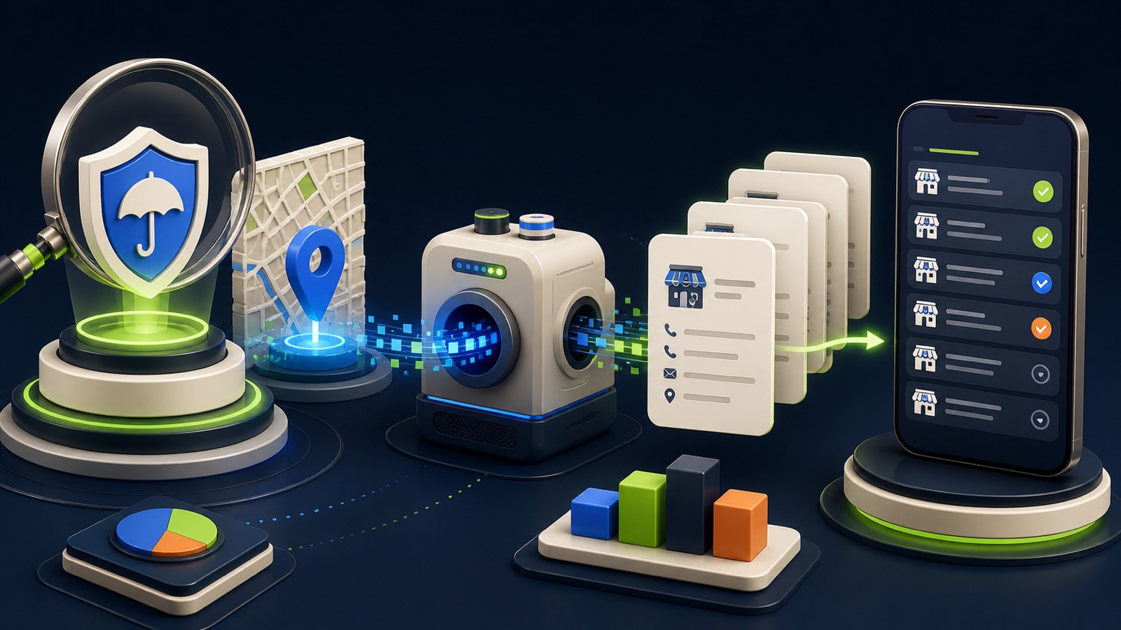 An insurance category lens and local map produce reviewed agency cards and an organized mobile list