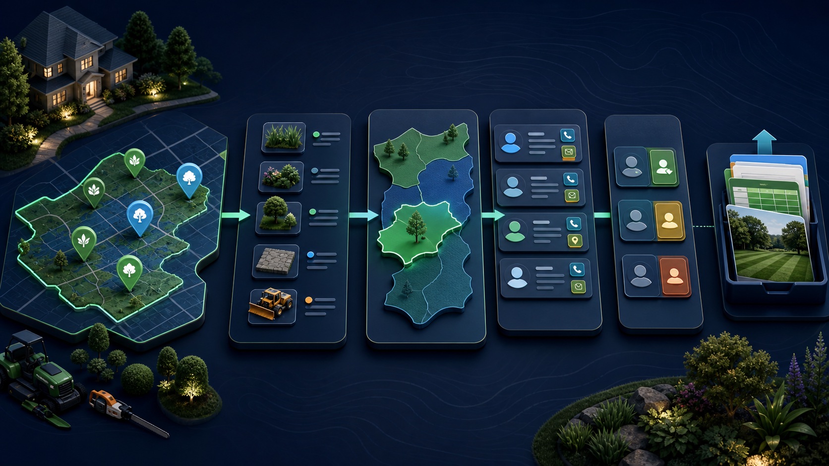 Landscaping businesses across a service-area map pass through category, service, contact, and territory review into a clean export