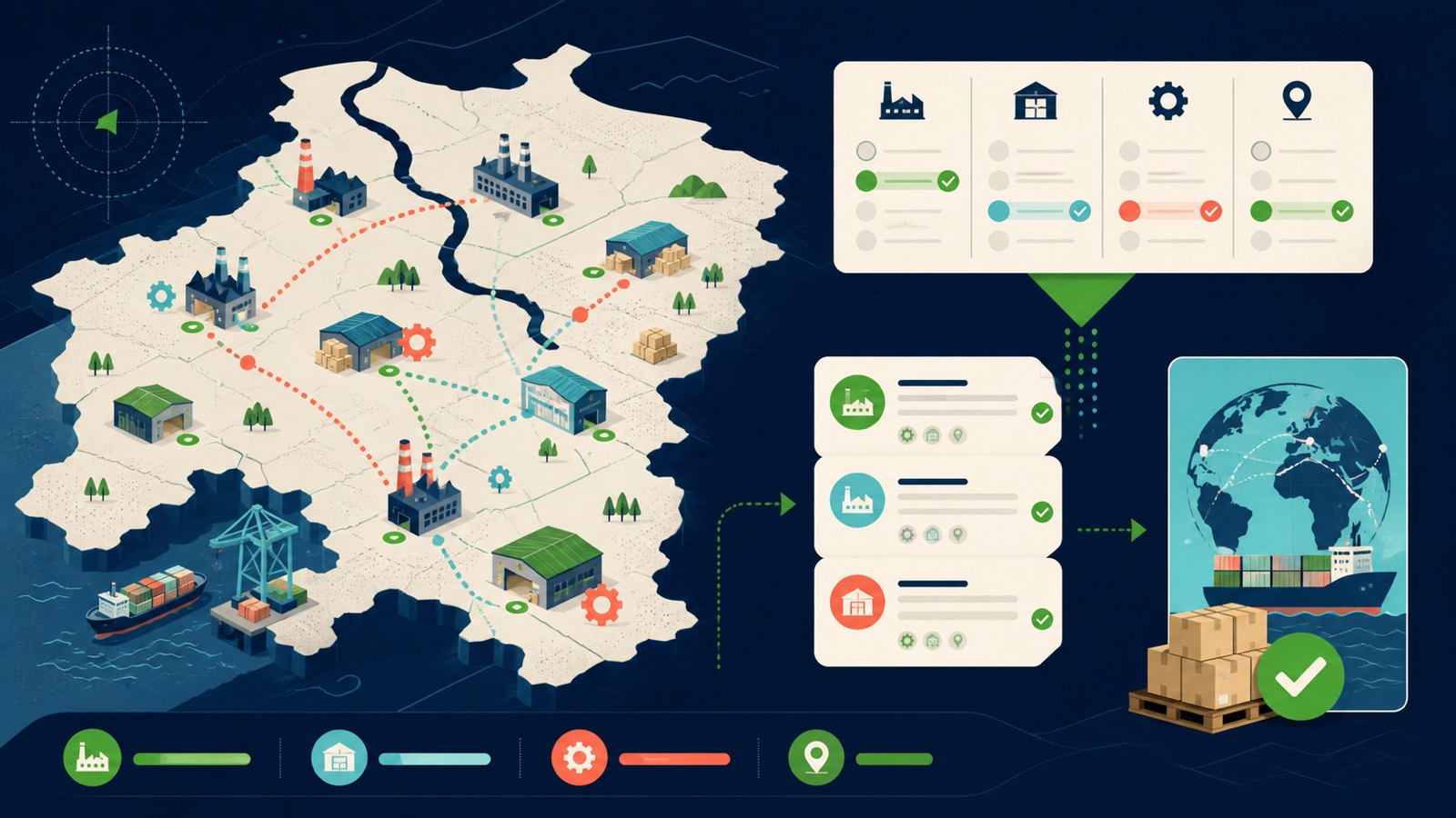Local factory prospects pass through category, territory, facility verification, and export stages