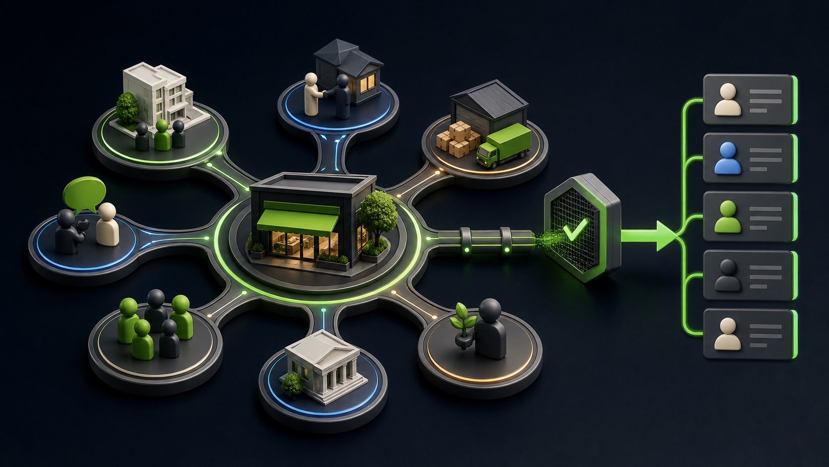 A local business connects to complementary providers, venues, suppliers, and community groups before selected contacts enter a partnership list