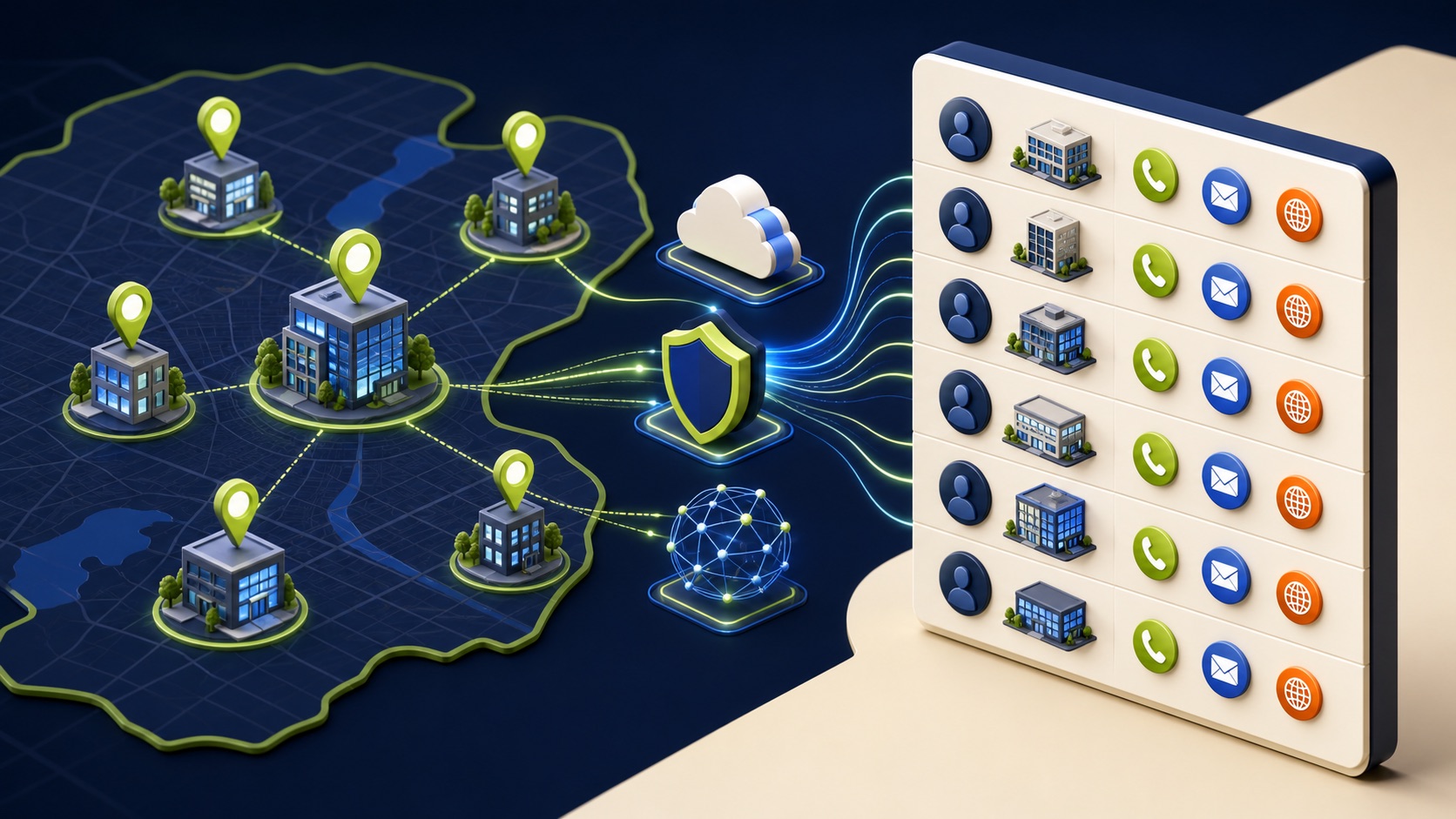 Local technology-service offices connect through cloud, shield, and network signals into a structured contact list