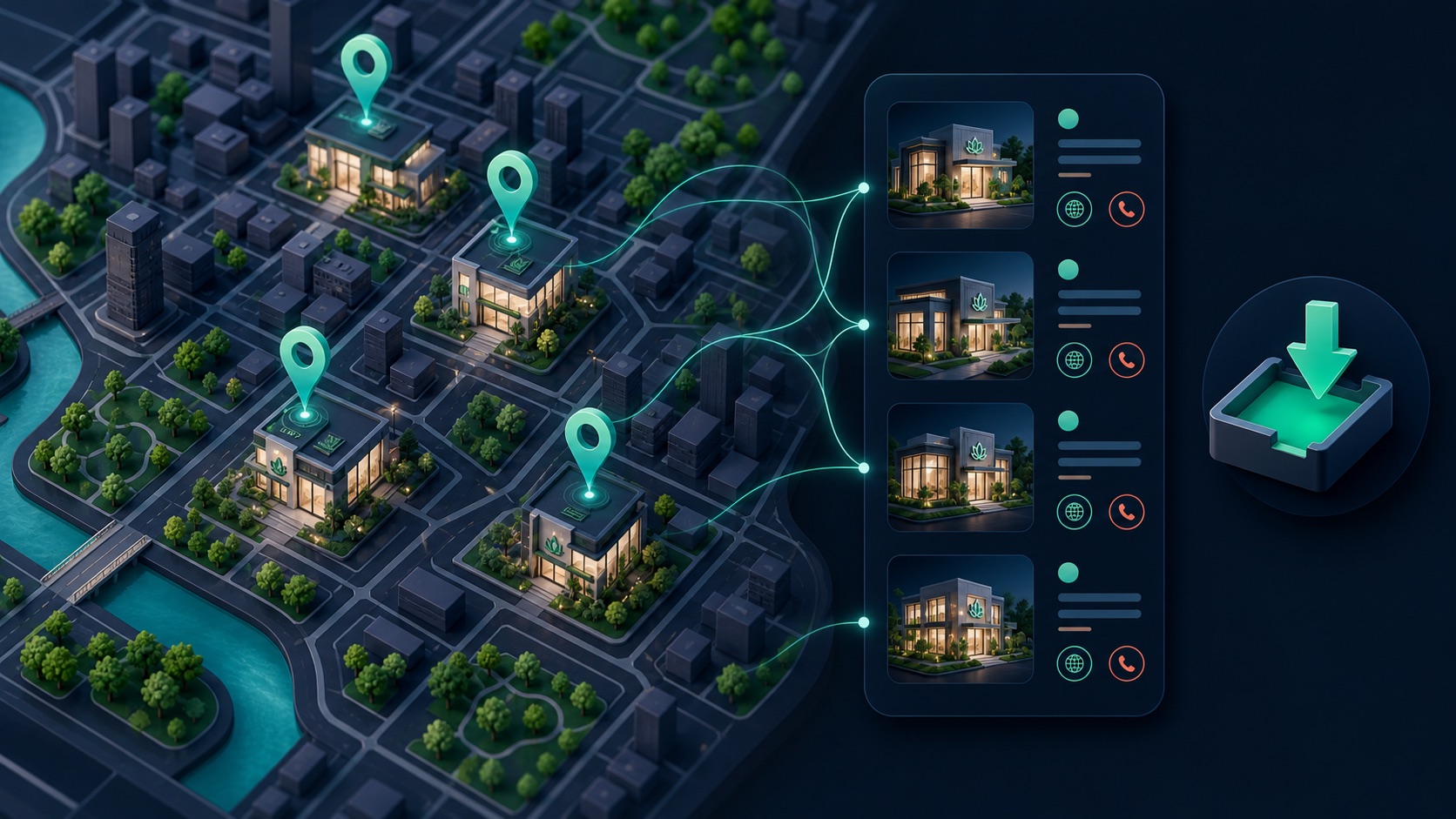 A city map of wellness clinic buildings flows through contact review into an export tray
