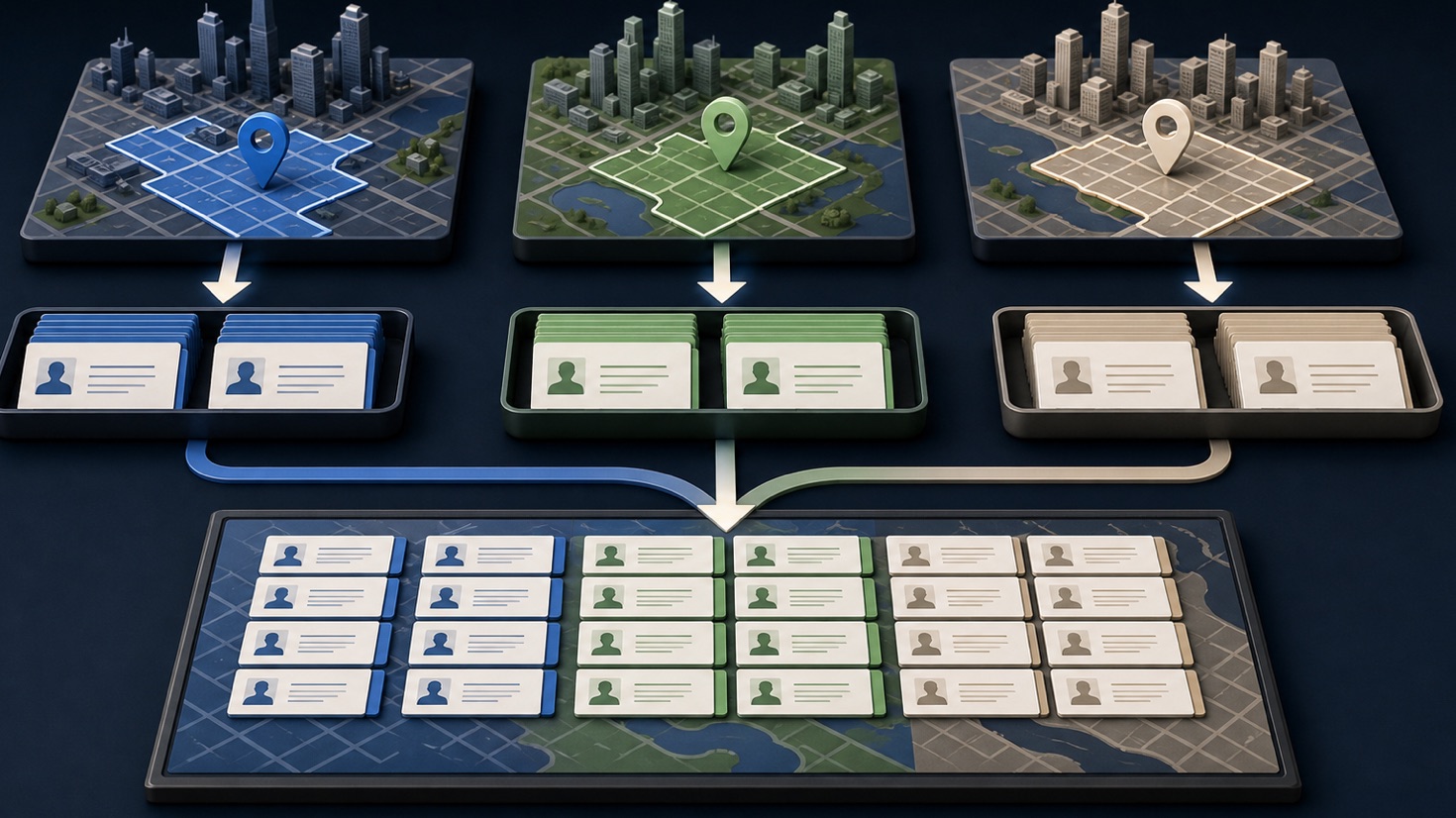 Three city maps feeding separate business-contact trays before combining into one organized campaign board