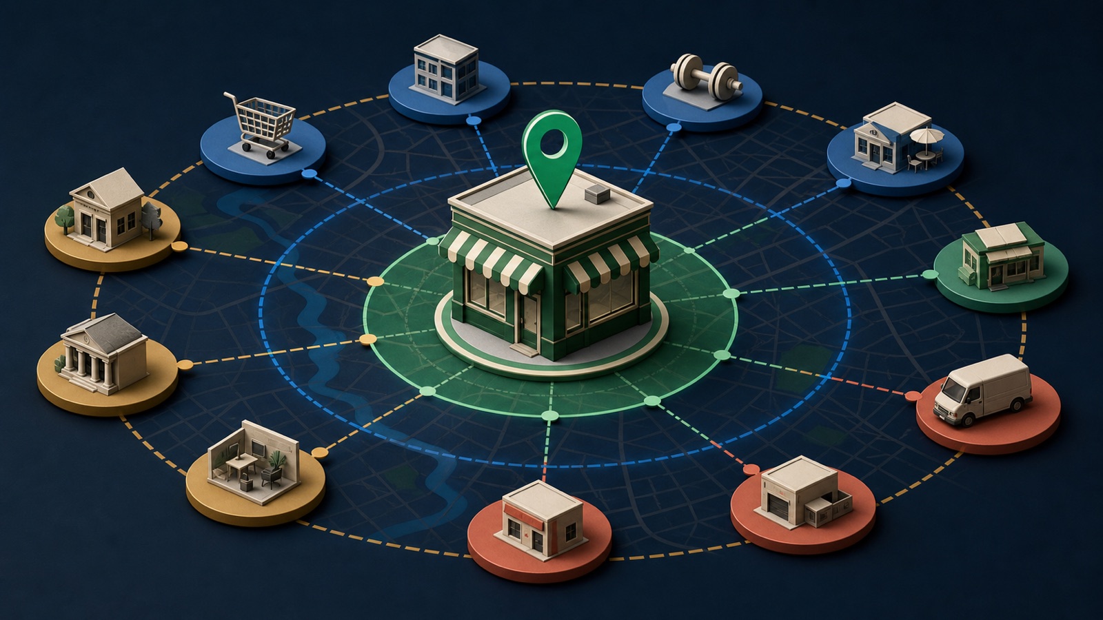 A new storefront connects across local service zones to complementary business prospects organized into launch waves