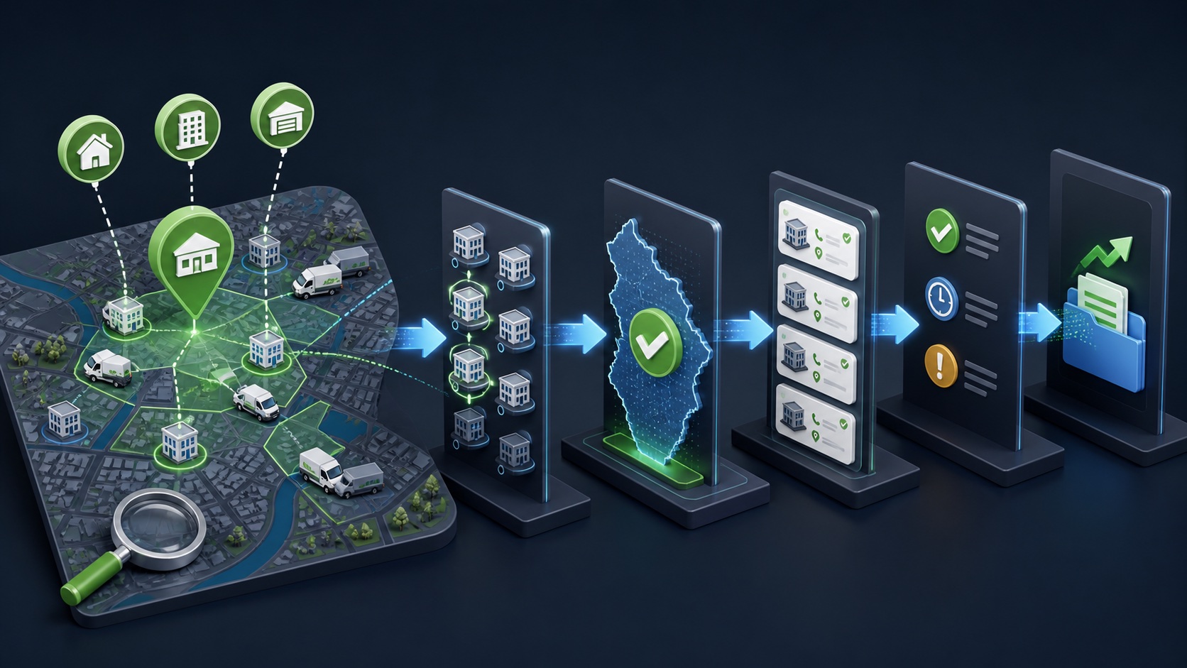 A mobile lead search for pest-control companies flows through service-area, branch, contact, status, and export checks