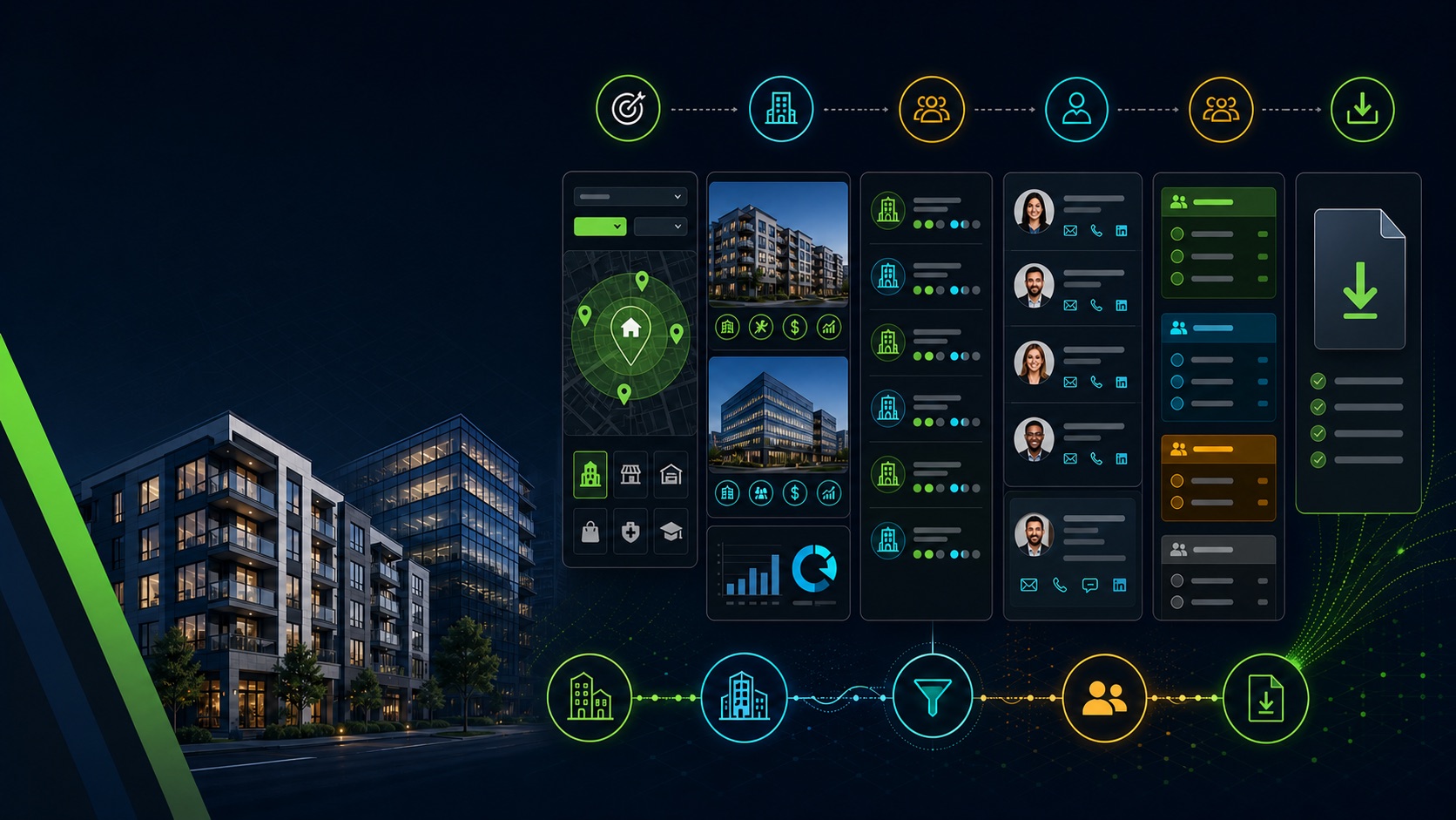 A city portfolio of apartment, commercial, and association properties is sorted into verified management companies, statuses, and an export list