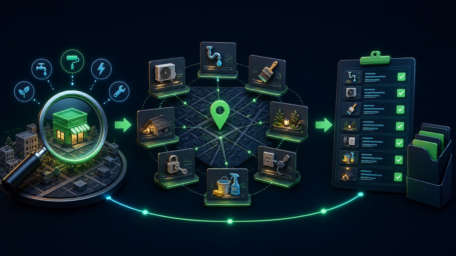 A local business search expands into complementary partner categories on a map and a reviewed contact list