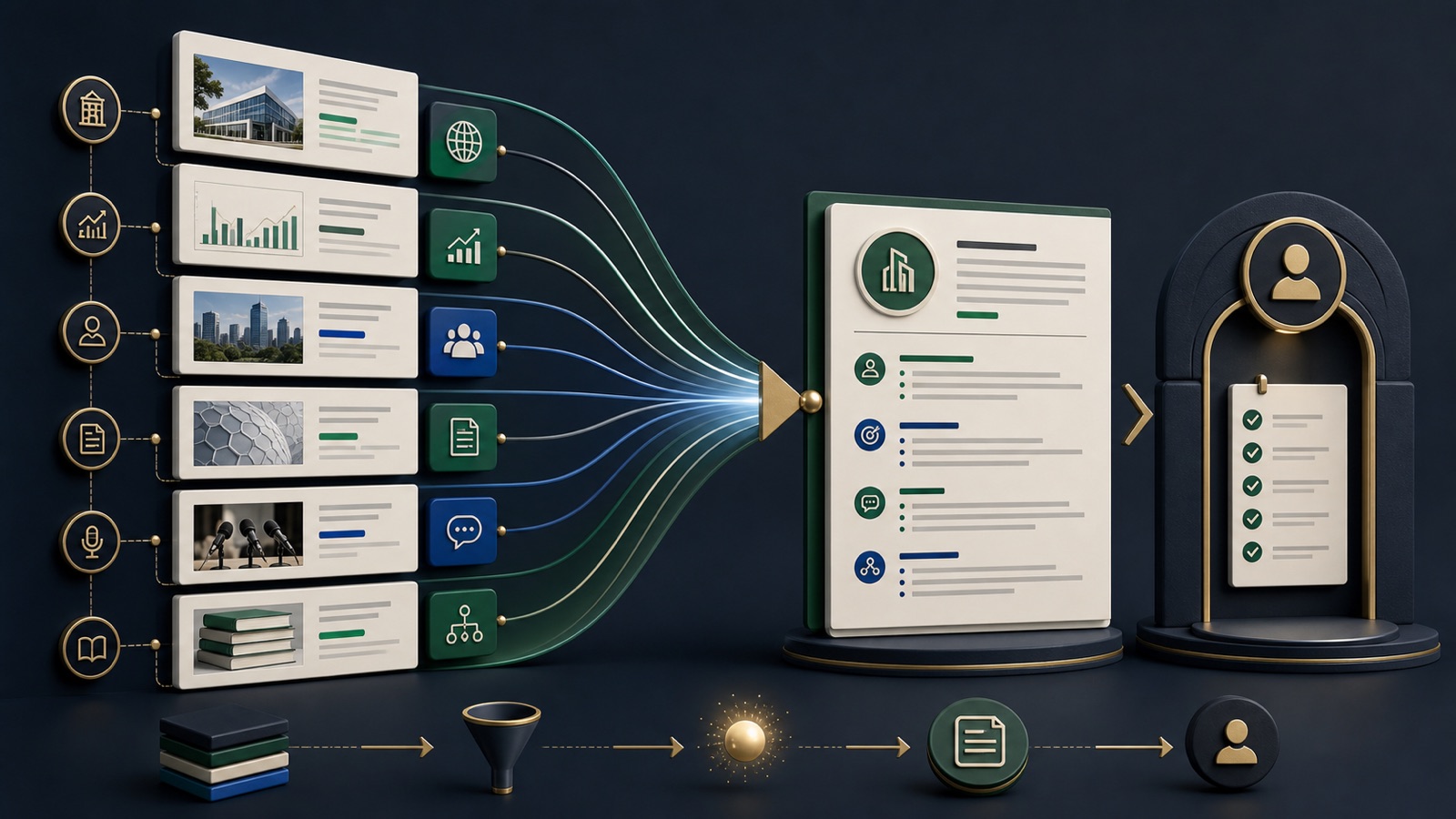 Business research cards converge through a verification funnel into a concise personalization brief