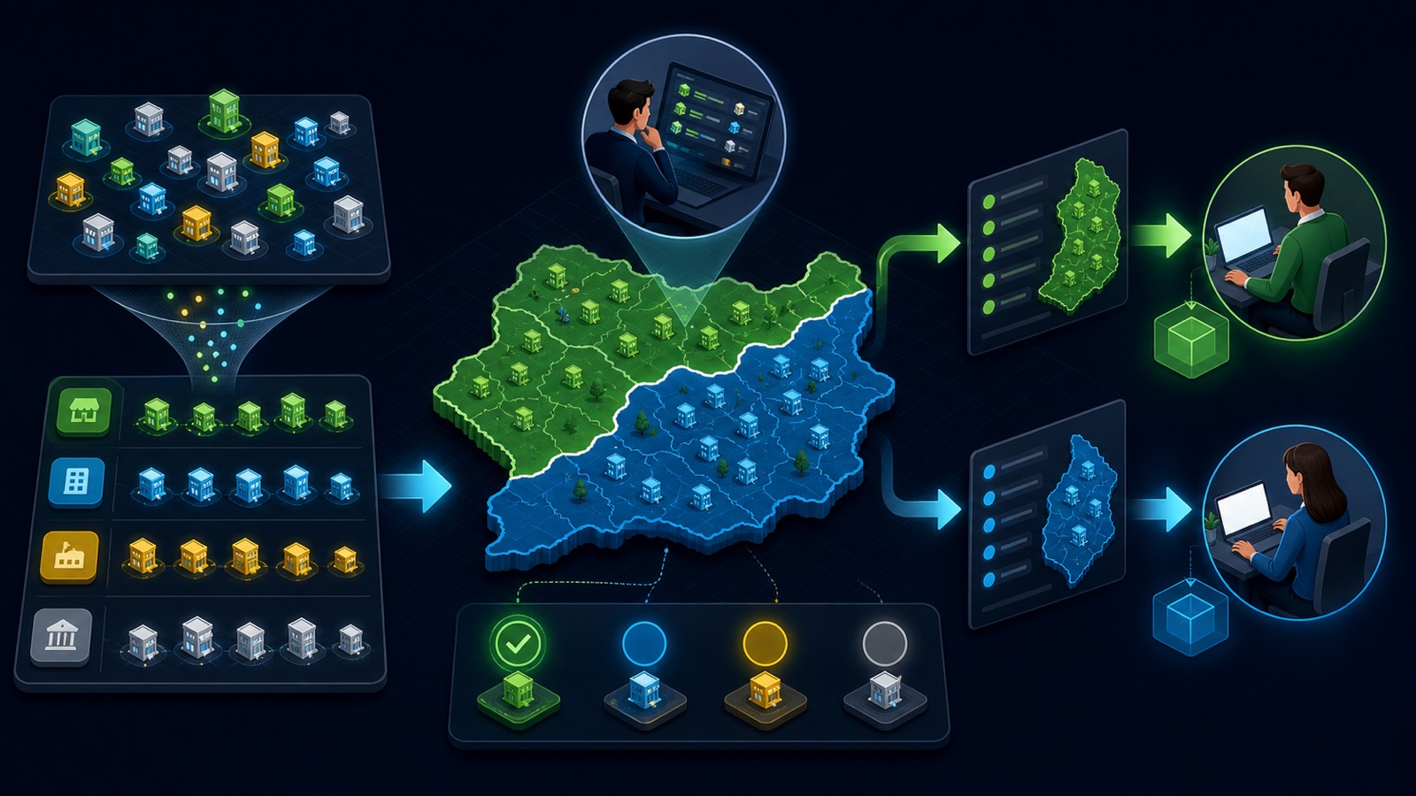 A map territory becomes reviewed business lead cards, status groups, an exported file, and an assigned sales owner