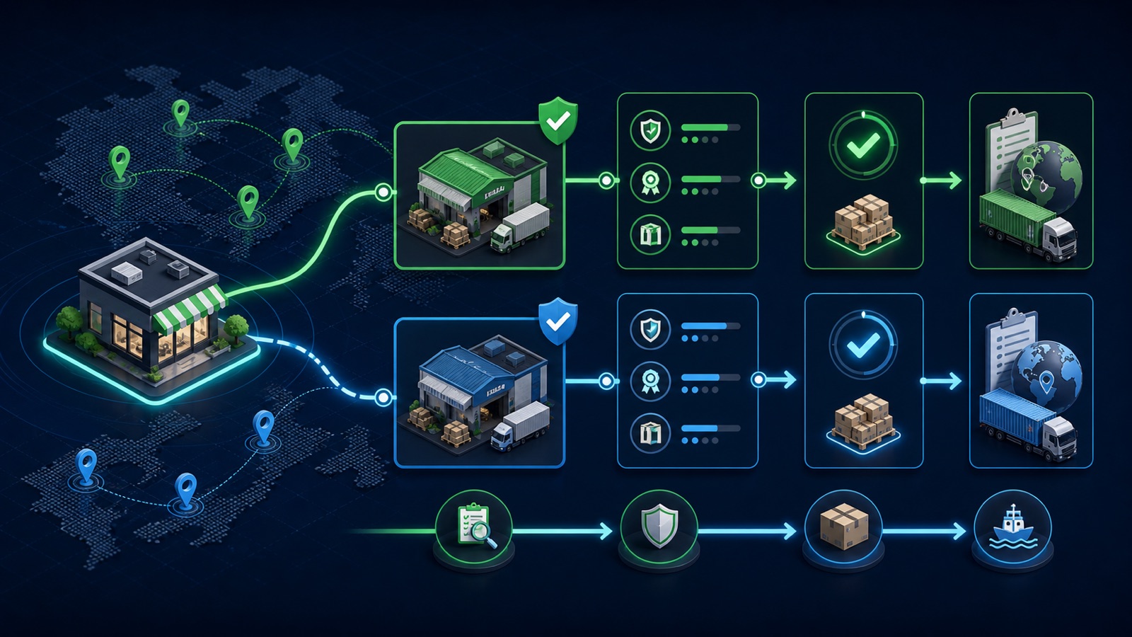 A supply need branches into nearby supplier records, verification checks, saved statuses, and an export file