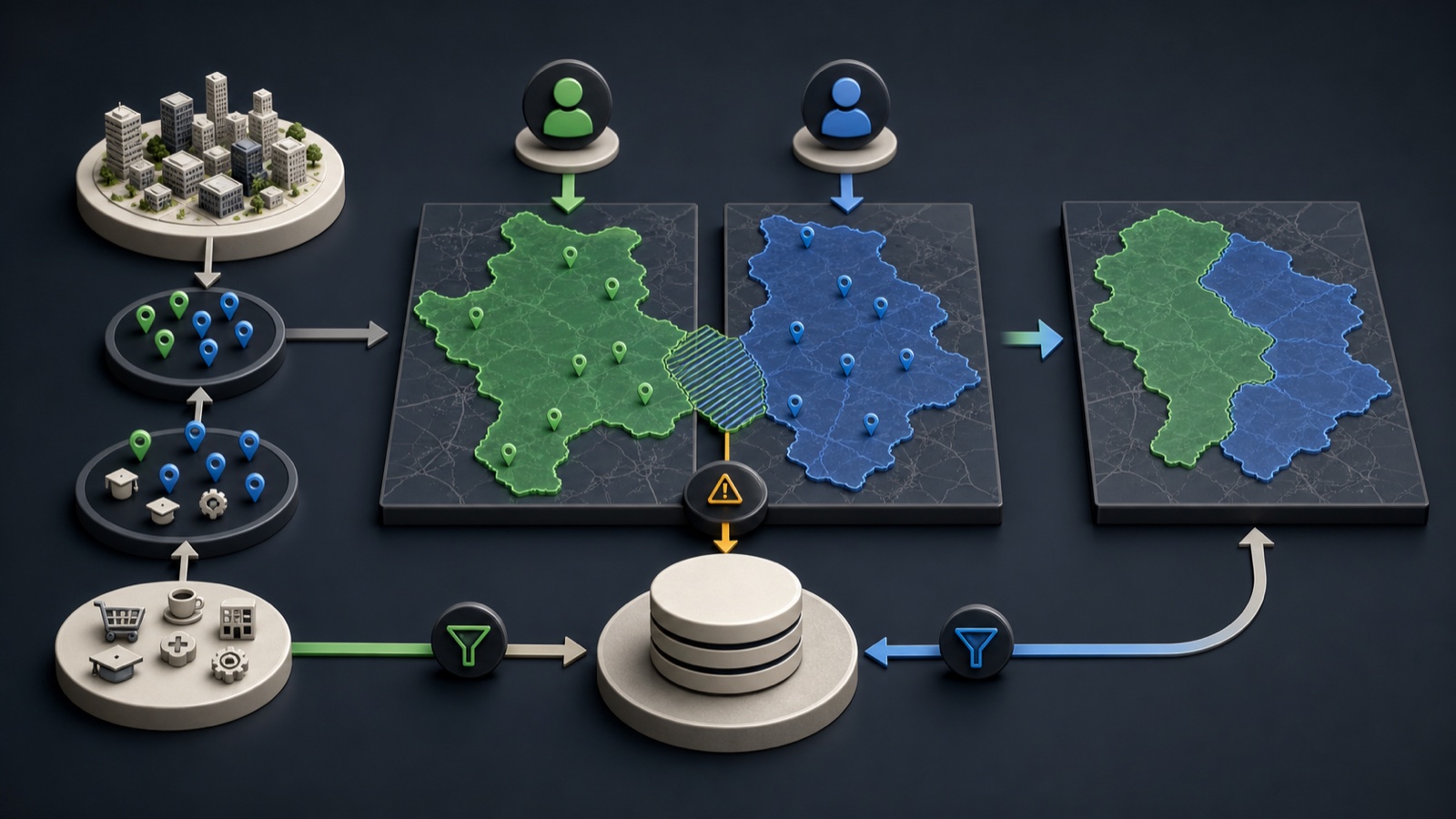 Business lead cards move from overlapping map areas into exclusive owner lanes with an exception queue