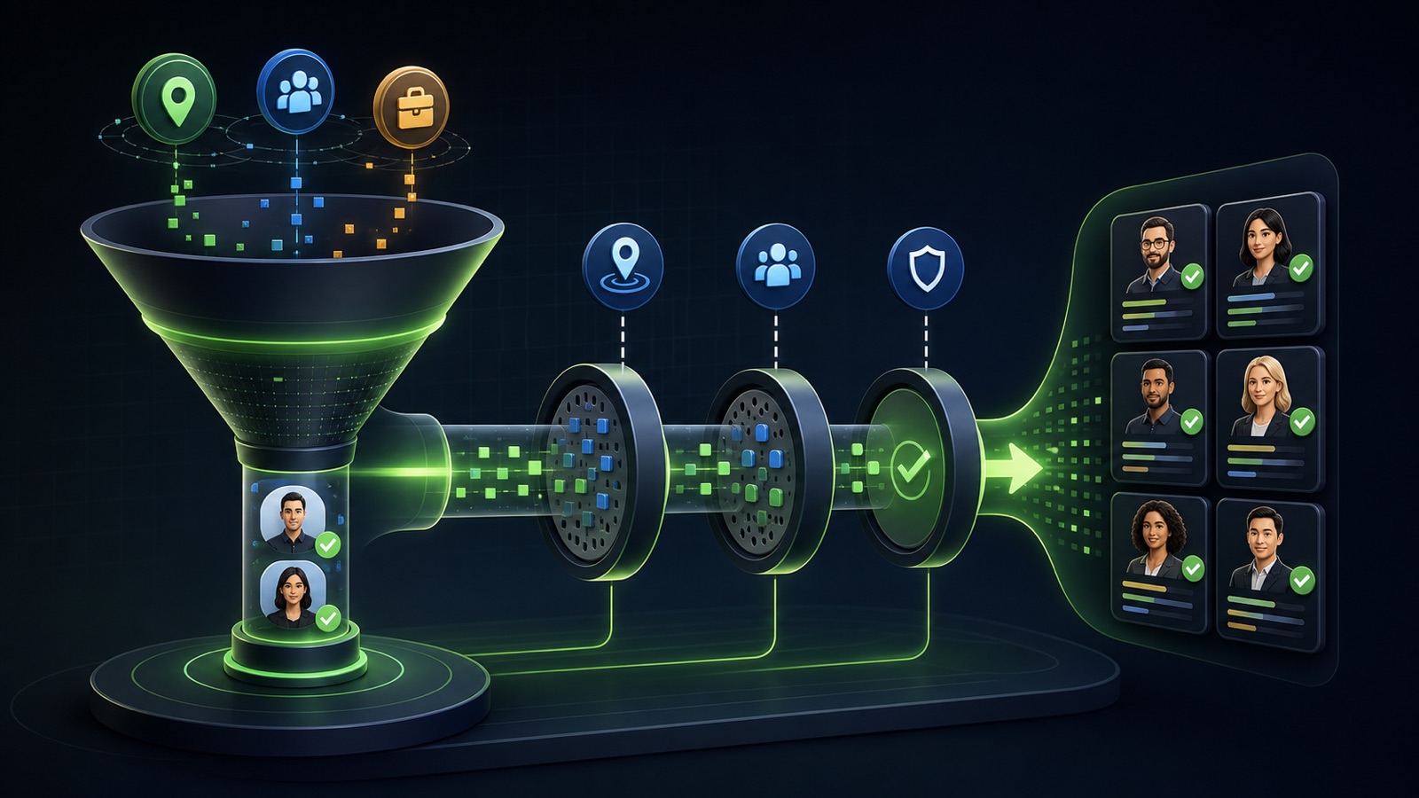 A category-and-location search funnel returning two contacts and then widening through controlled refinements