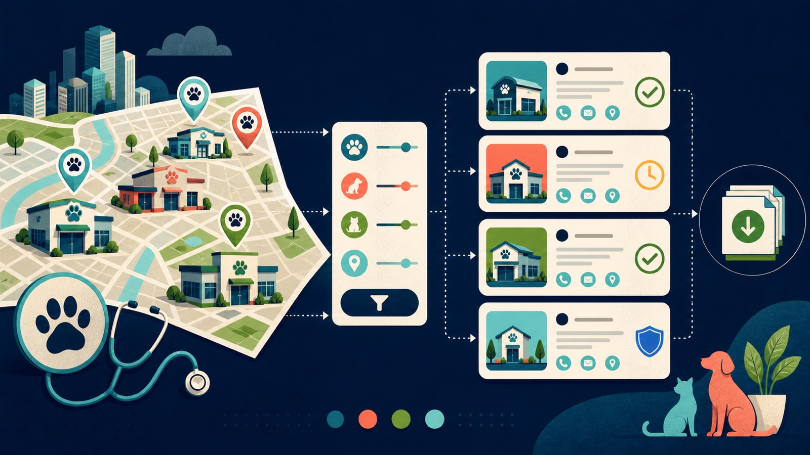 Veterinary clinic prospect cards move from a local map through review, status, and export checkpoints