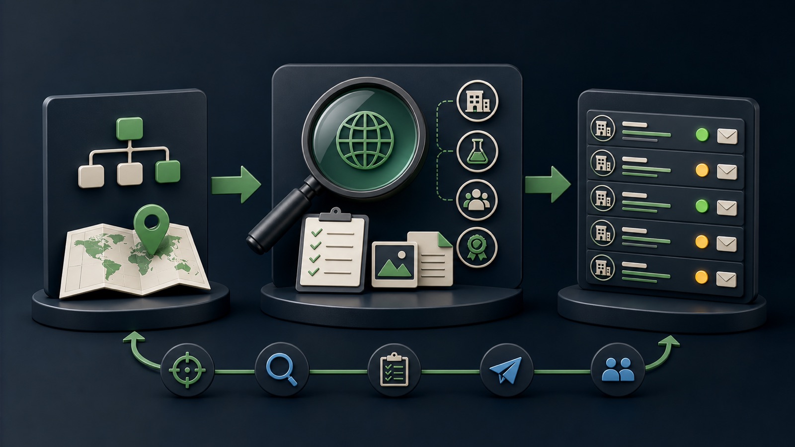 A Business Atlas category and location search leads to a public website inspection and a reviewed outreach queue