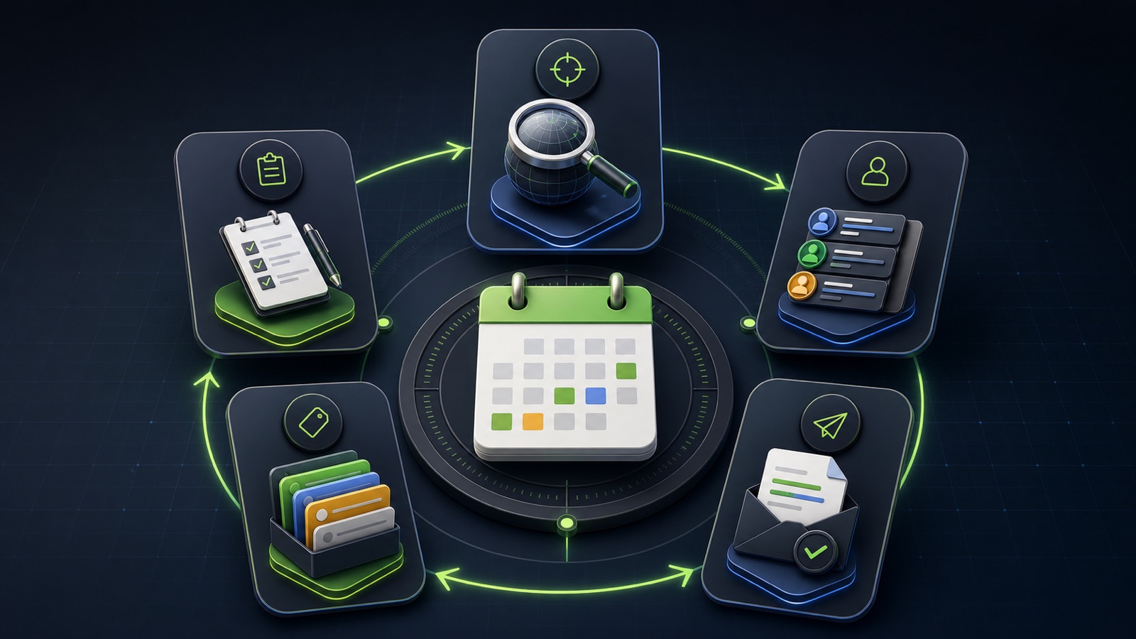 Five polished mobile workflow cards arranged around a weekly calendar dial