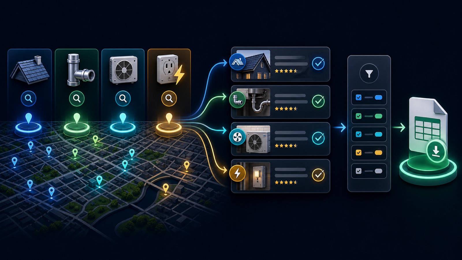 Trade-specific local searches become reviewed contractor records, status groups, and a clean exported list