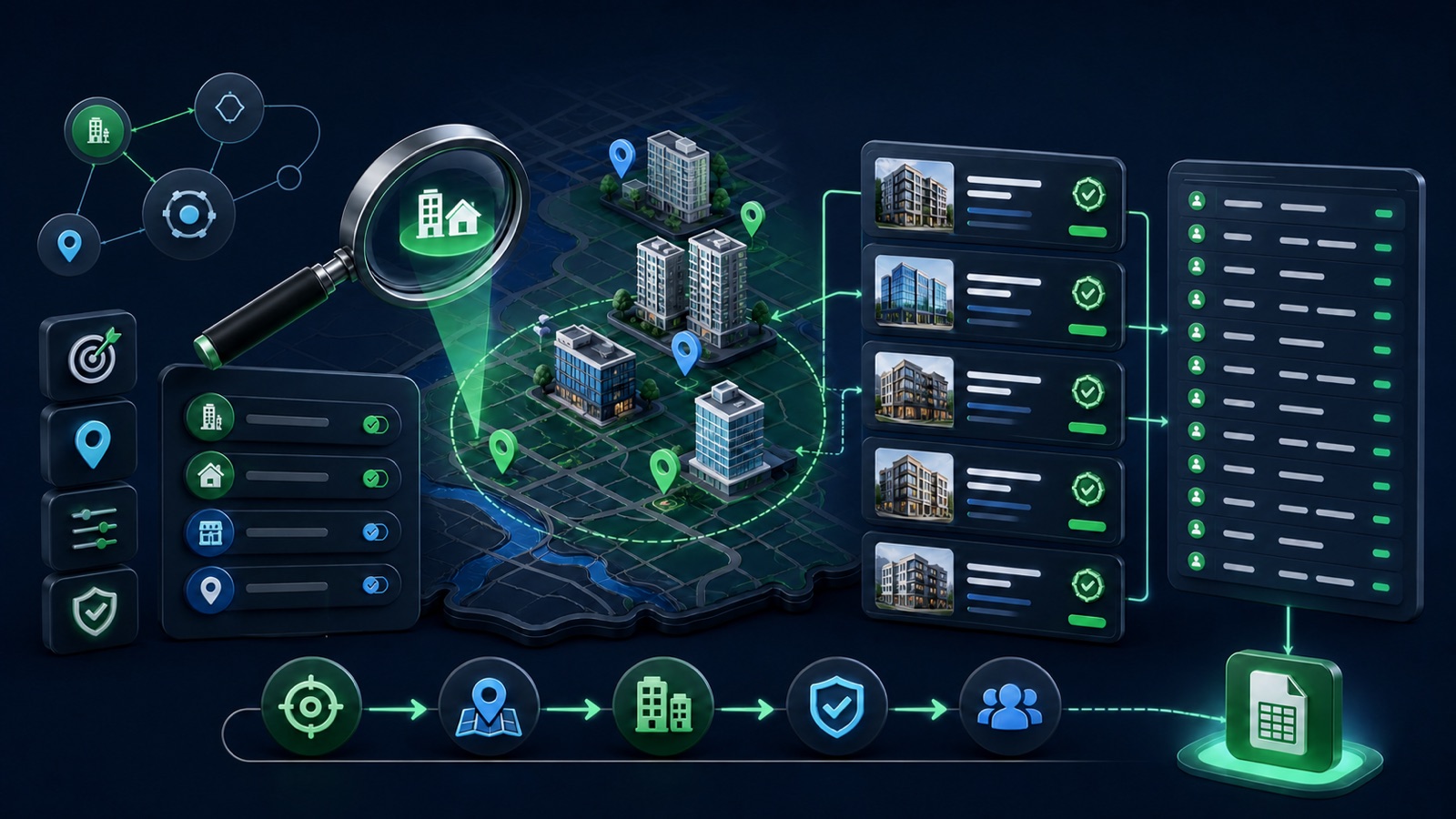 A city property map flows into reviewed property-management business records and an organized export