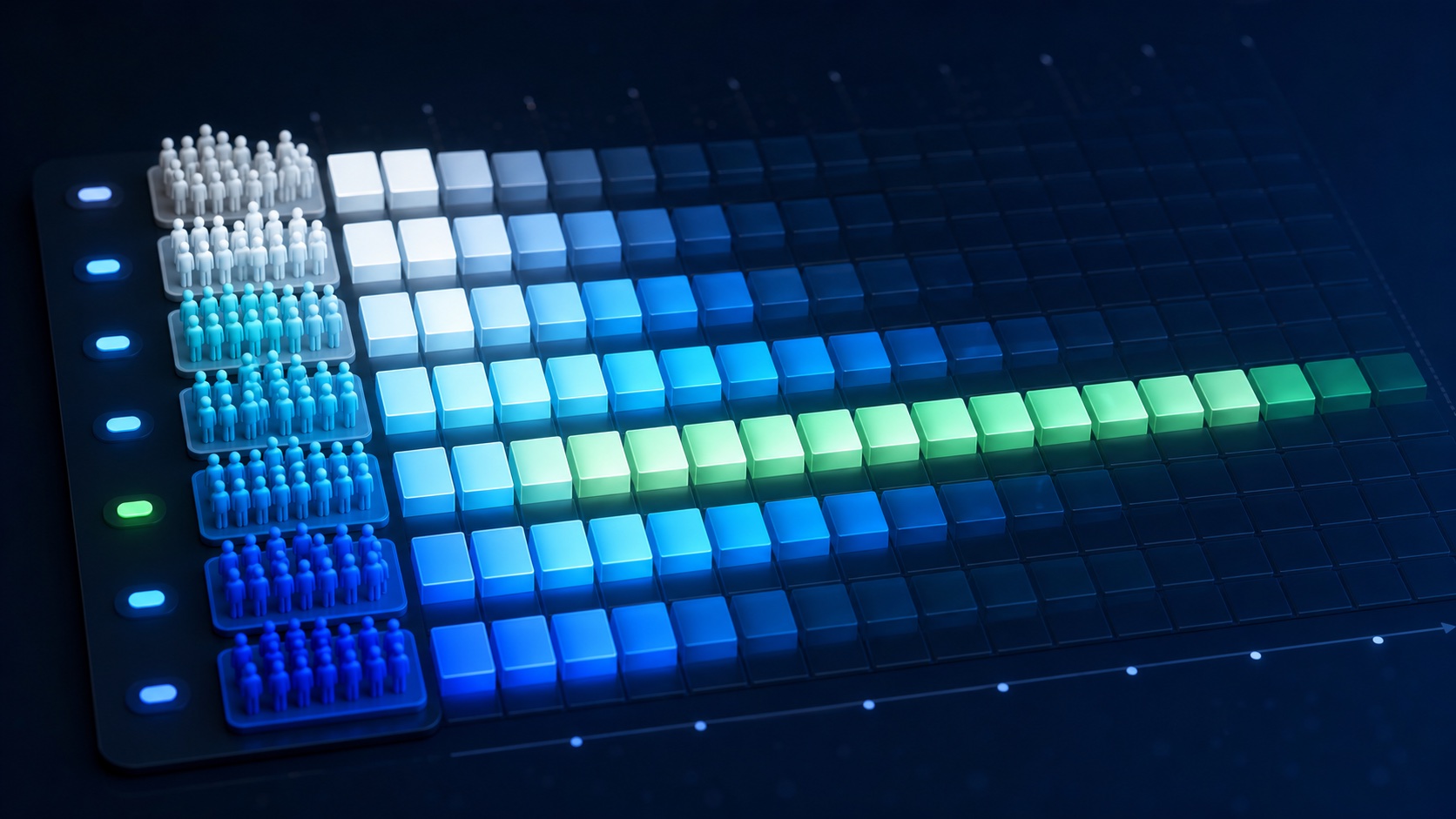 A diagonal cohort retention heatmap with groups of users fading across time and one improving green row