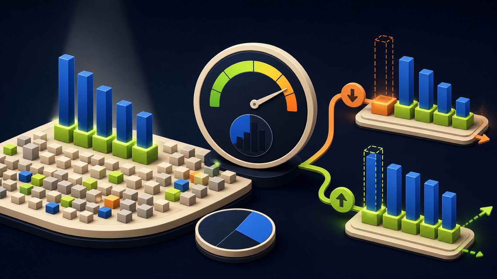 Five emphasized customer revenue columns feed a concentration gauge with loss and growth scenario paths