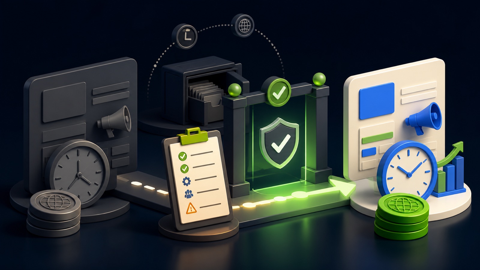 An archived advertising account passes through a protected checkpoint into a newly configured account