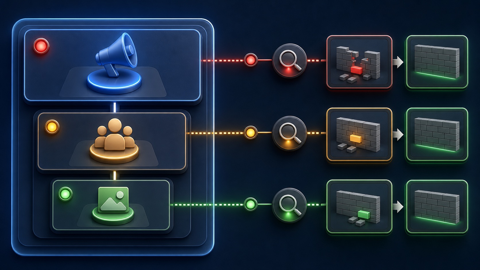 A nested campaign, ad set, and ad hierarchy uses warning lights to isolate the level preventing delivery