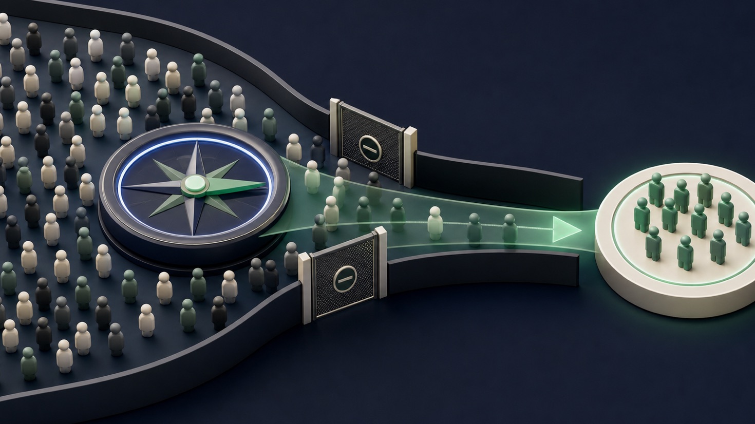 A broad audience field guided by a central compass while location rails and exclusion gates remain fixed