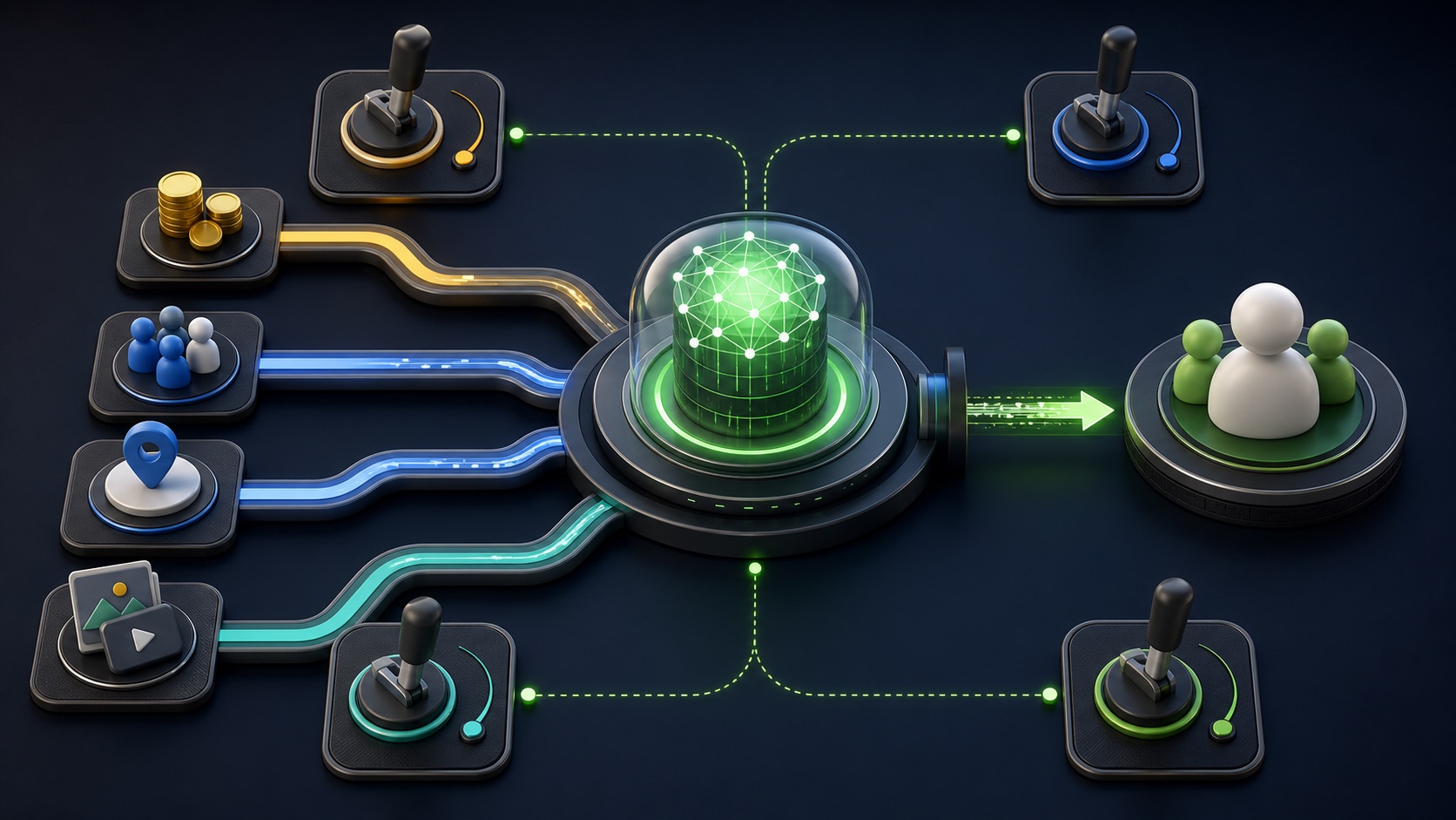 A central automated lead campaign engine connects audience, budget, placement, and creative controls to a qualified lead outcome