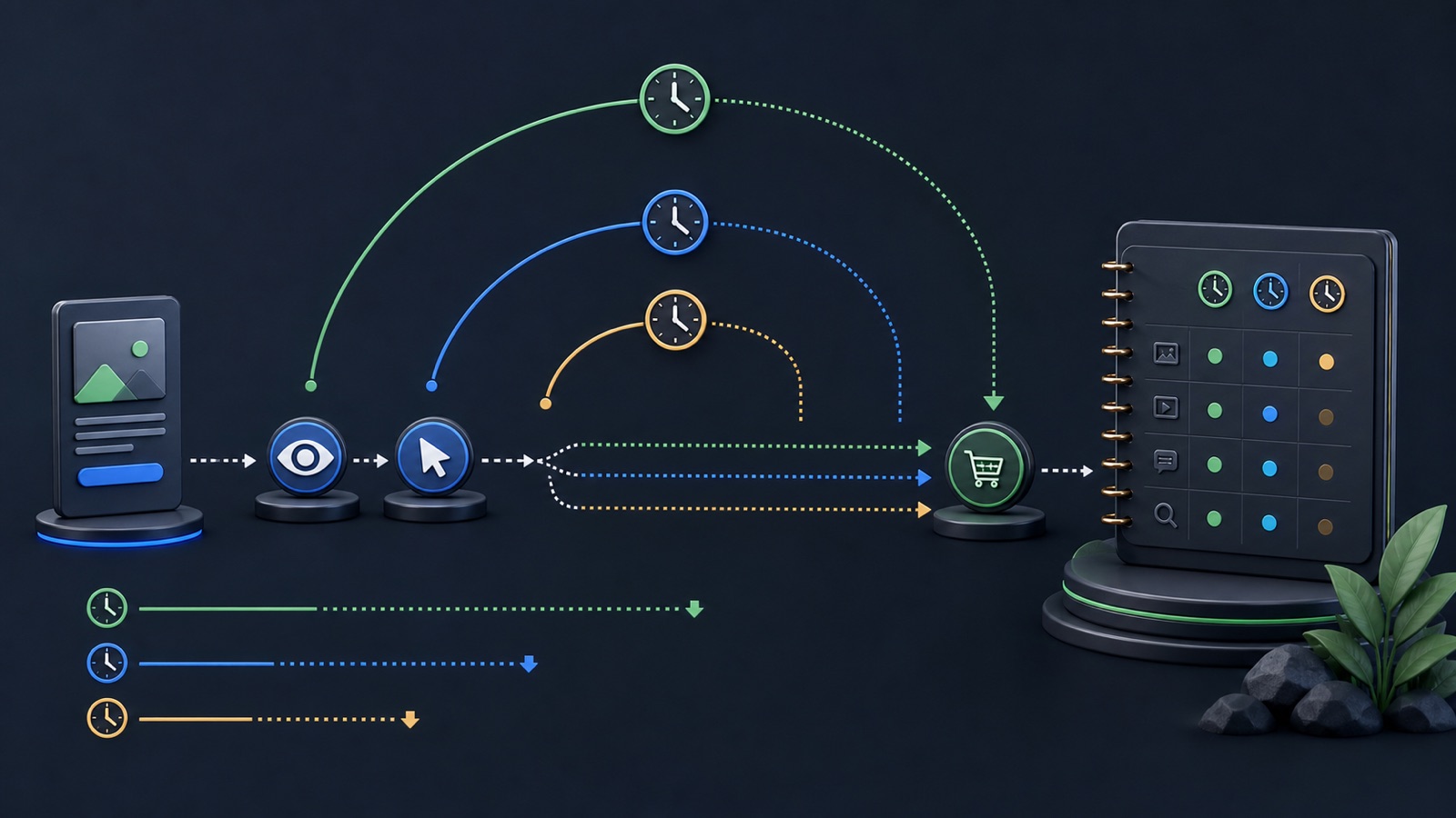 Multiple click and view timelines flow through attribution windows into a conversion record