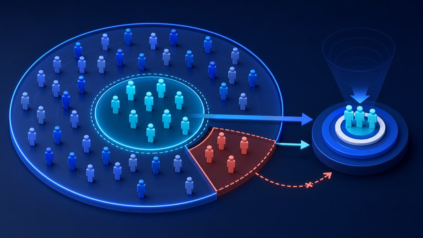 Concentric paid-ad audience rings with a red excluded segment and a separate target group