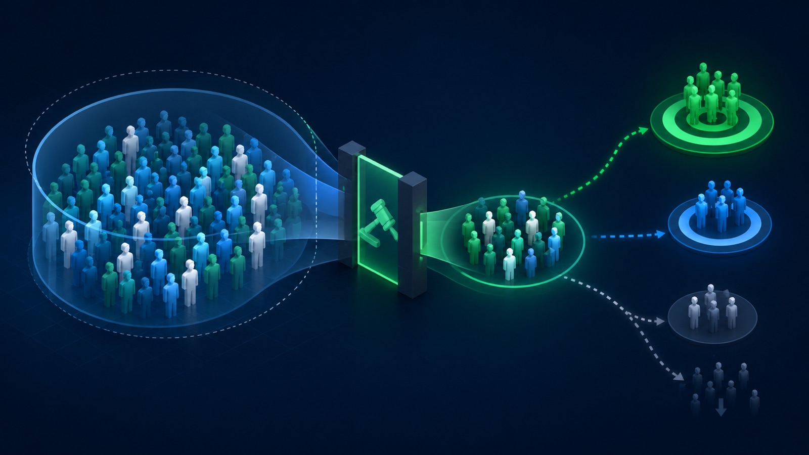 A planning audience cloud narrows through an ad auction into a measured group of reached people
