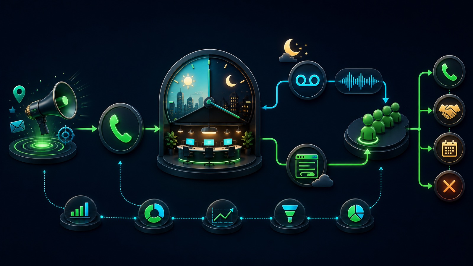 A call ad reaches a staffed business-hours window and branches to callback, message, and form routes
