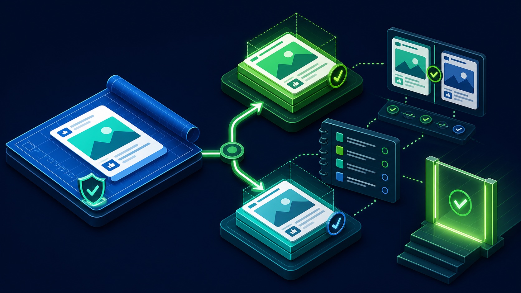 An approved campaign blueprint branches into a controlled copy with comparison checkpoints and a separate launch gate