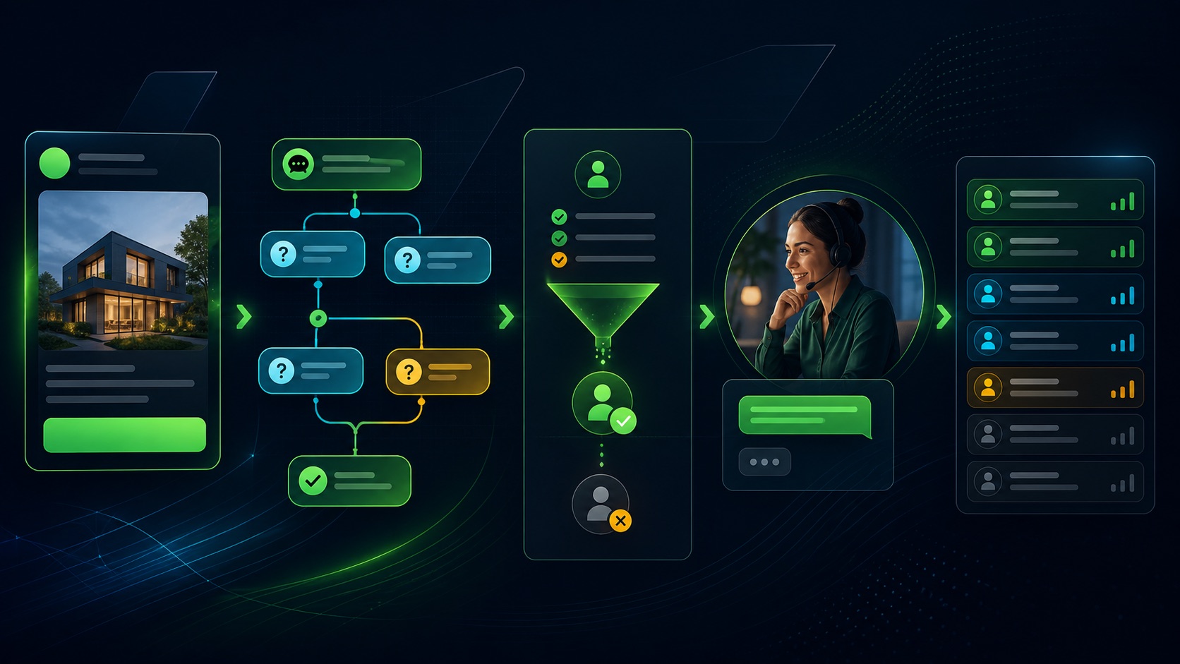 A paid social ad opens a structured conversation with question cards, a human handoff gate, and a qualified lead queue